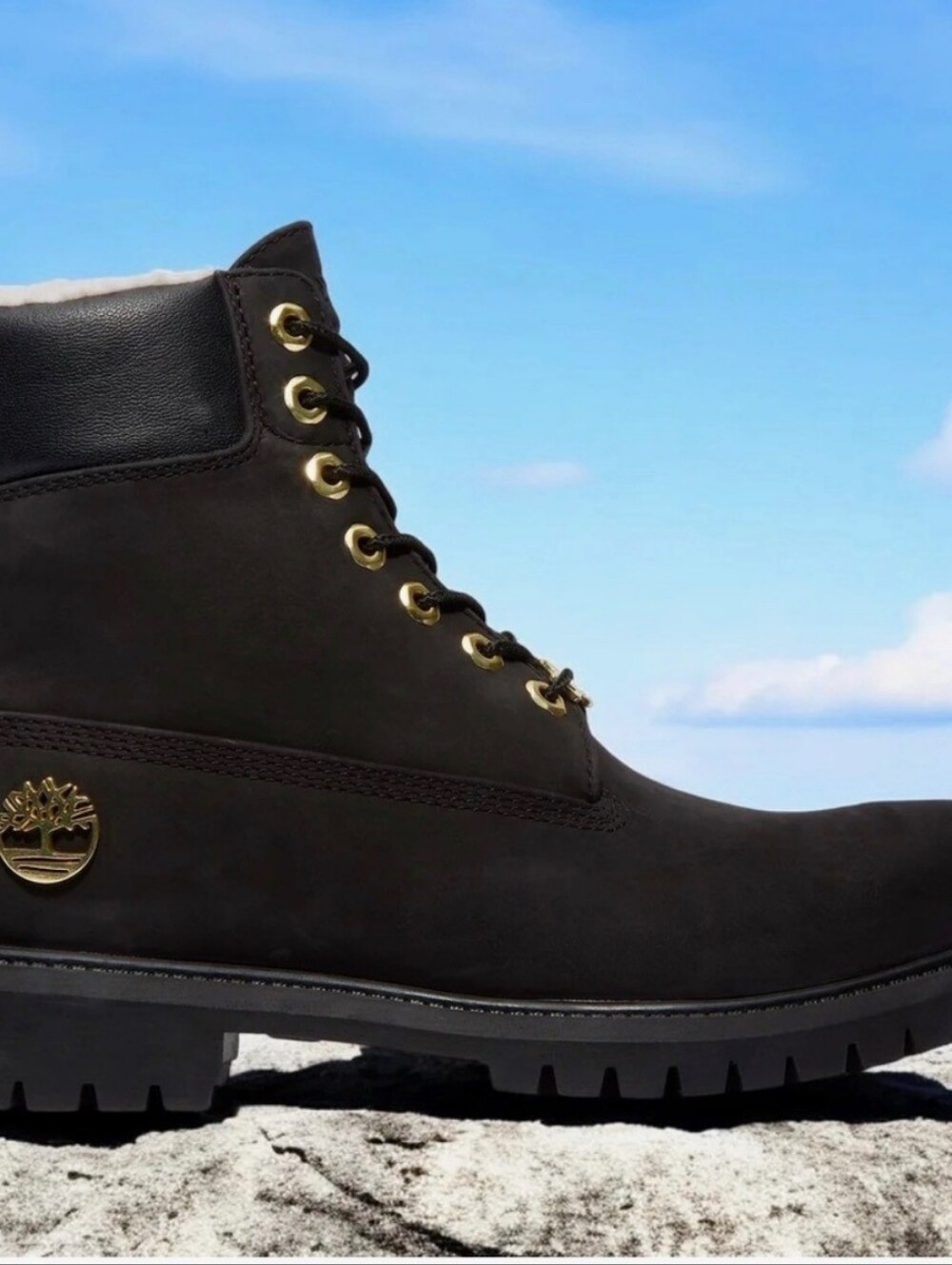 Timberland Black Boot with Silver Metallic Laces and Gold Eyelets